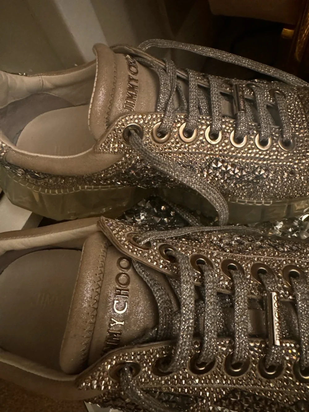 Jimmy Choo Embellished Metallic Crystal Lace-Up Sneakers - Gold